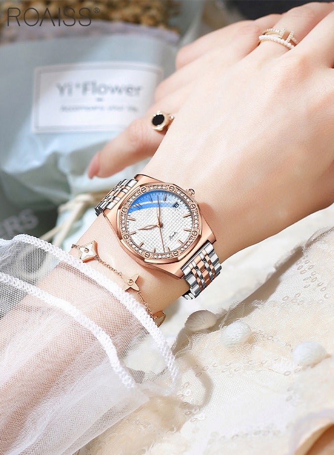 roaiss Women's Stainless Steel Strap Quartz Watch Analog Display Round Dial with Rhinestones Decoration Waterproof Elegant Wristwatch as Gift for Women - Image 3