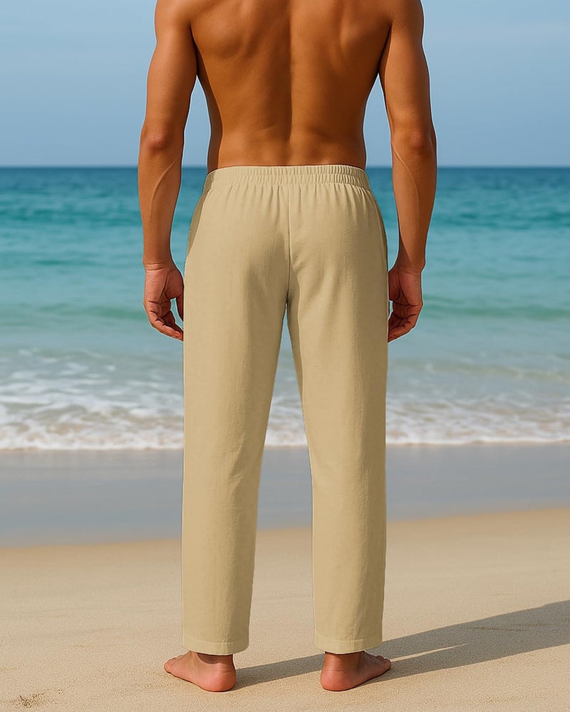 PIDOGYM Mens Cotton Linen Pants, Summer Beach Pants Casual Loose Fit with Elastic Waist Drawstring Khaki - Image 5