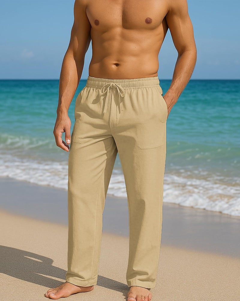 PIDOGYM Mens Cotton Linen Pants, Summer Beach Pants Casual Loose Fit with Elastic Waist Drawstring Khaki - Image 4
