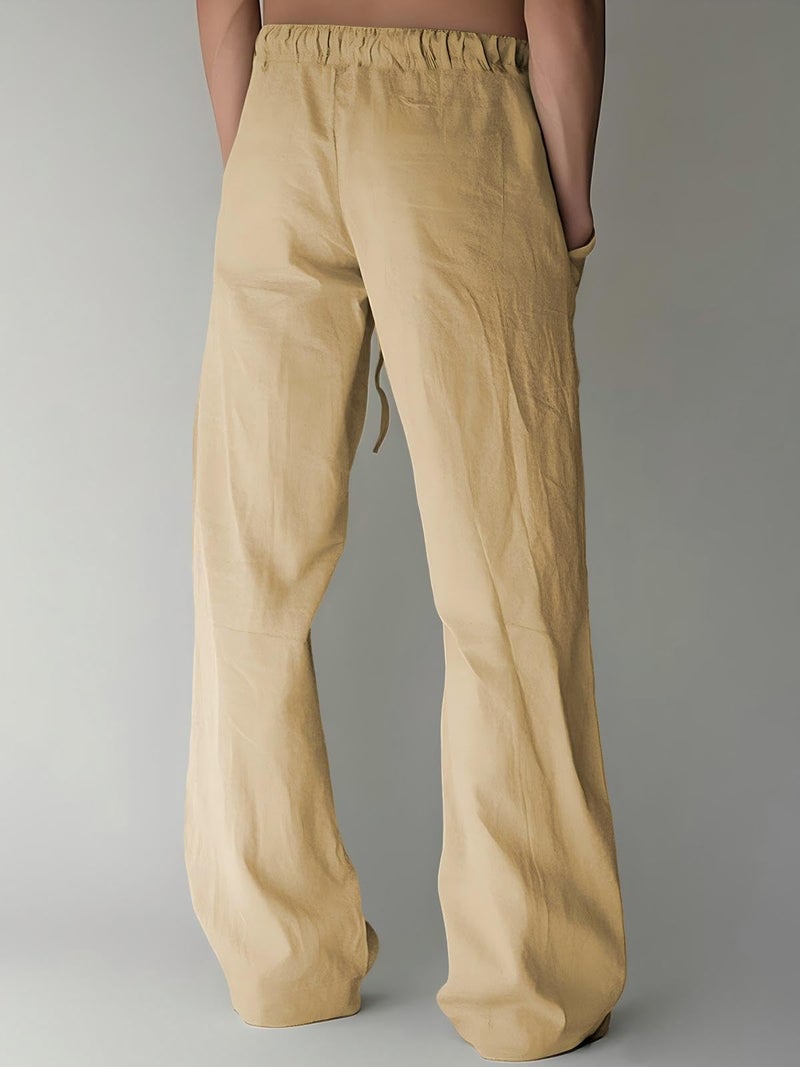 PIDOGYM Mens Cotton Linen Pants, Summer Beach Pants Casual Loose Fit with Elastic Waist Drawstring Khaki - Image 3