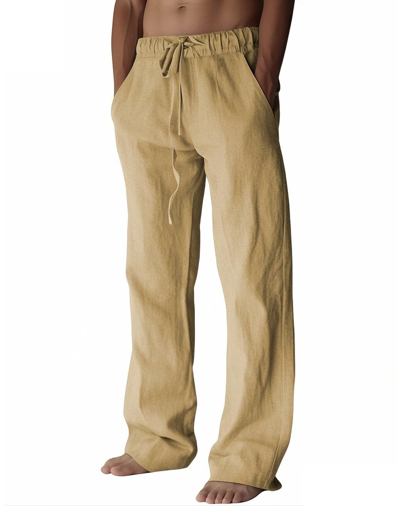 PIDOGYM Mens Cotton Linen Pants, Summer Beach Pants Casual Loose Fit with Elastic Waist Drawstring Khaki - Image 1