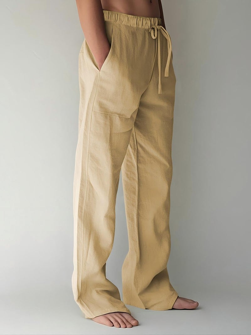 PIDOGYM Mens Cotton Linen Pants, Summer Beach Pants Casual Loose Fit with Elastic Waist Drawstring Khaki - Image 2
