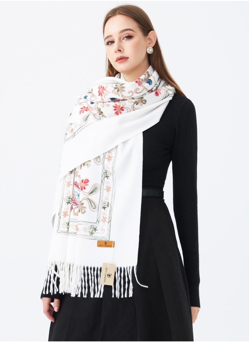 Sky cashmere - Embroidered Shawl with Fringe - Image 1