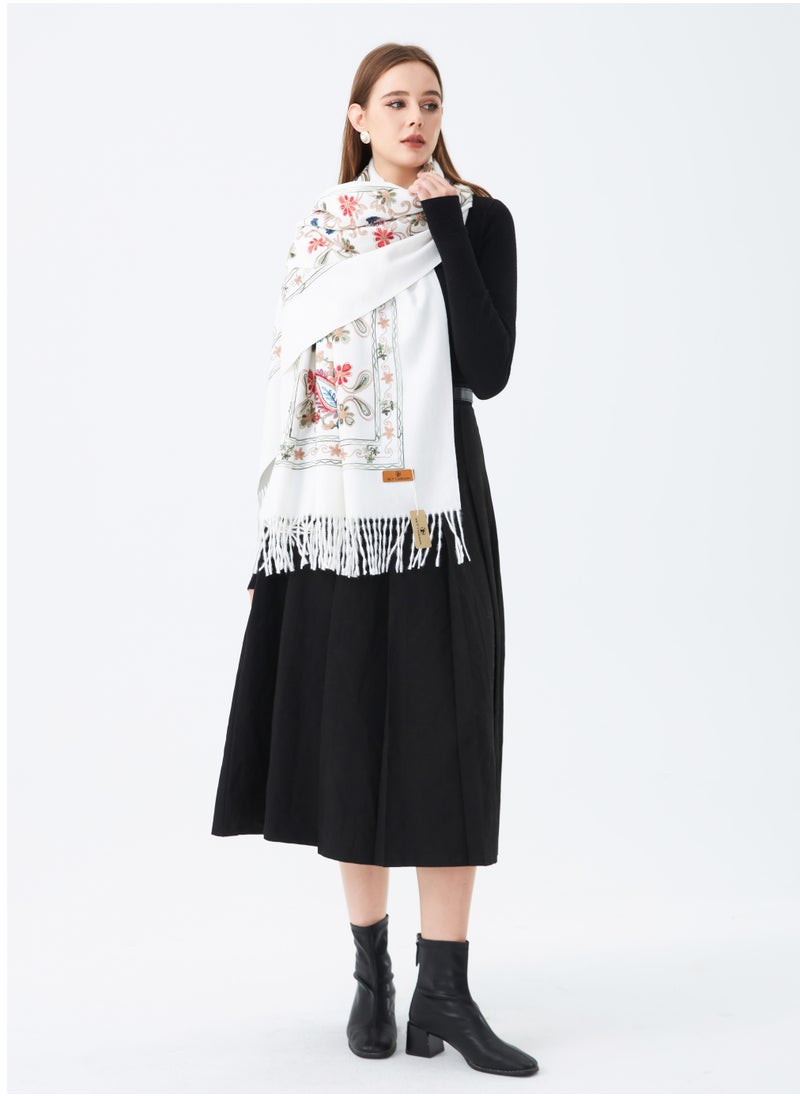 Sky cashmere - Embroidered Shawl with Fringe - Image 1