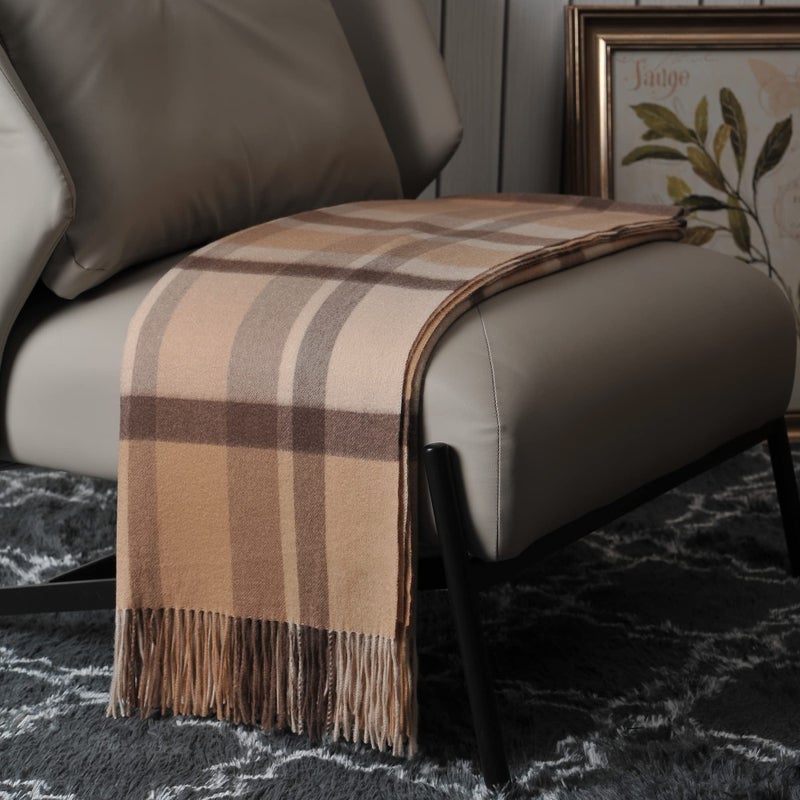 EP Mode 100 Pure Cashmere Throw Blanket for Sofa Classic Design with Gift Box Camel Tartan