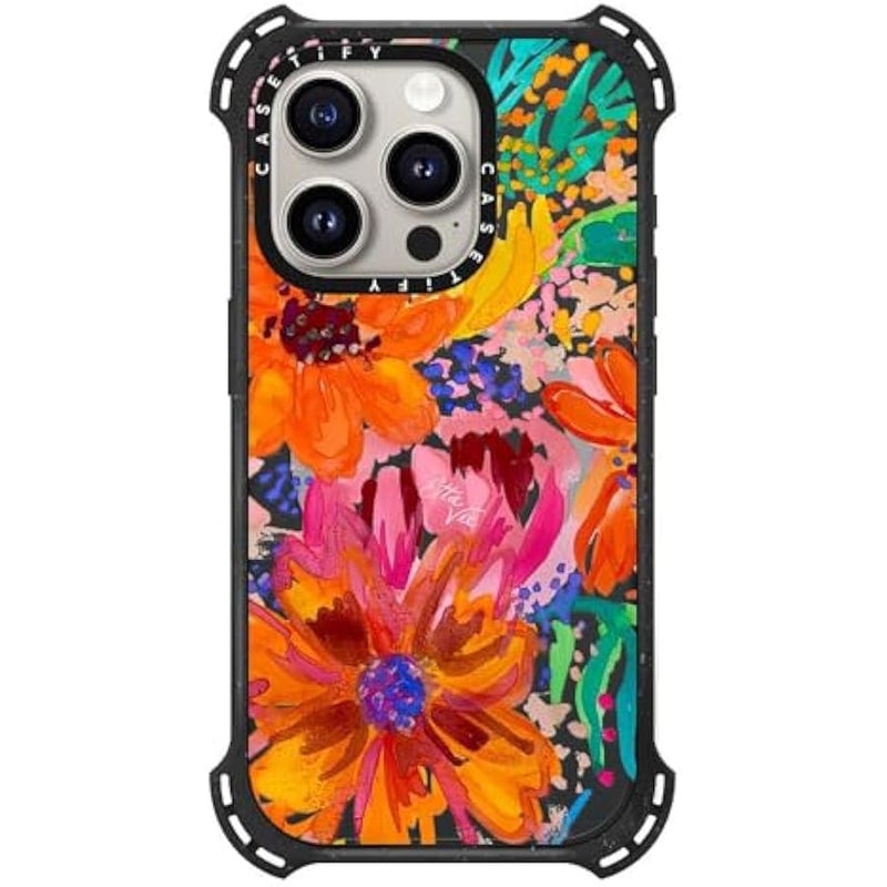 Casetify Bounce iPhone 15 Pro Case 【6X Military Grade Drop Tested / 21.3ft Drop Protection/Compatible with Magsafe】 - EttaVee Watercolor Fleurs - Triple Black - Image 1