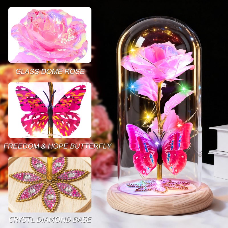 Beferr Birthday Gifts for Women Galaxy Glass Rose Forever Preserved Flowers for Delivery Light Up Rose in Glass Dome Mothers Day Pink Butterfly Gifts for Mom Grandma Wife Her Daughter Girlfriend - Image 3