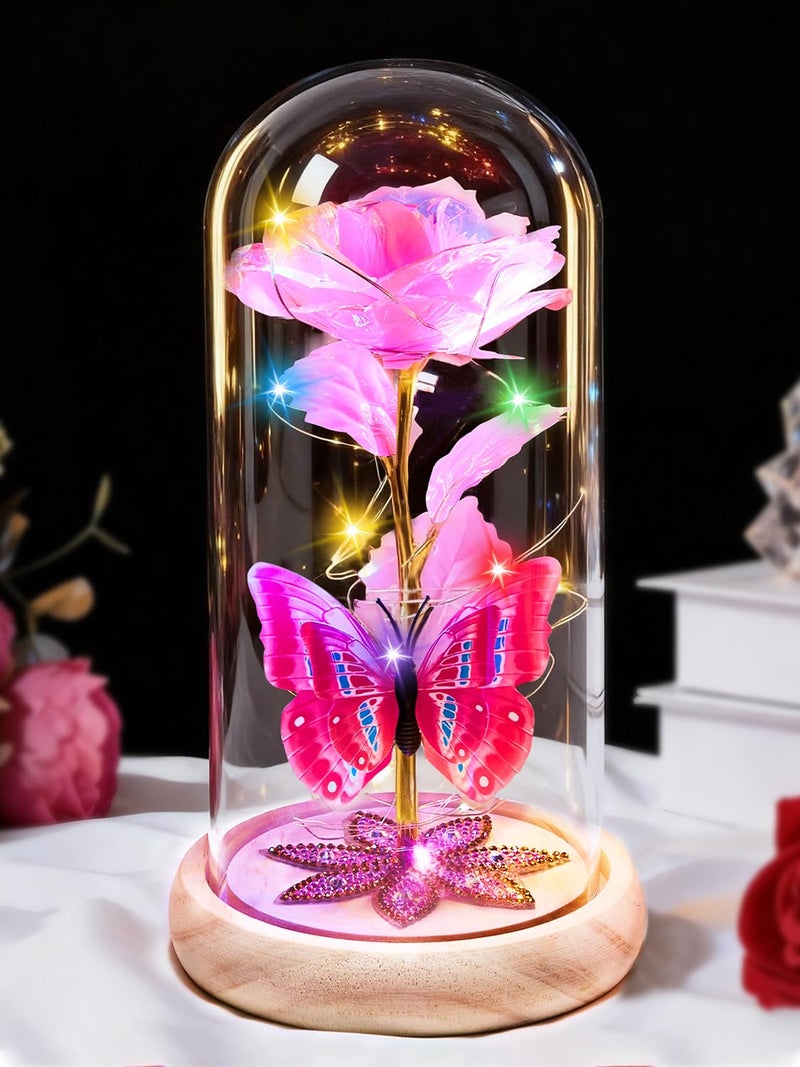Beferr Birthday Gifts for Women Galaxy Glass Rose Forever Preserved Flowers for Delivery Light Up Rose in Glass Dome Mothers Day Pink Butterfly Gifts for Mom Grandma Wife Her Daughter Girlfriend - Image 1