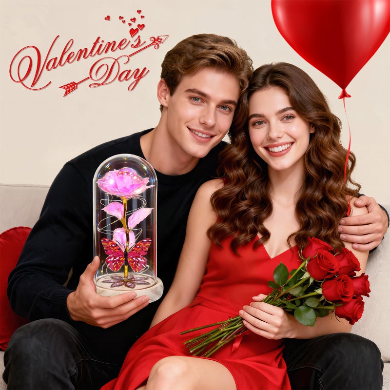 Beferr Birthday Gifts for Women Galaxy Glass Rose Forever Preserved Flowers for Delivery Light Up Rose in Glass Dome Mothers Day Pink Butterfly Gifts for Mom Grandma Wife Her Daughter Girlfriend - Image 2