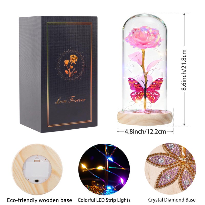 Beferr Birthday Gifts for Women Galaxy Glass Rose Forever Preserved Flowers for Delivery Light Up Rose in Glass Dome Mothers Day Pink Butterfly Gifts for Mom Grandma Wife Her Daughter Girlfriend - Image 5