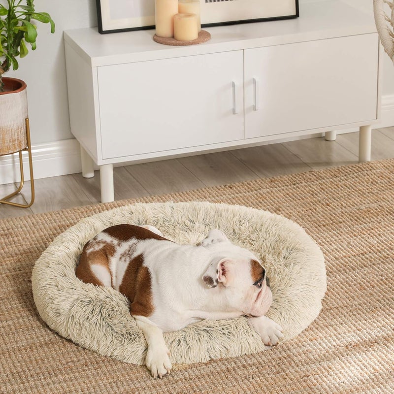 FEANDREA Dog Bed, Round Donut Bed, Sofa, Removable and Washable Central Cushion, Soft Plush Fabric, Diameter 80 cm, Khaki Ombre PGW040S01 - Image 3