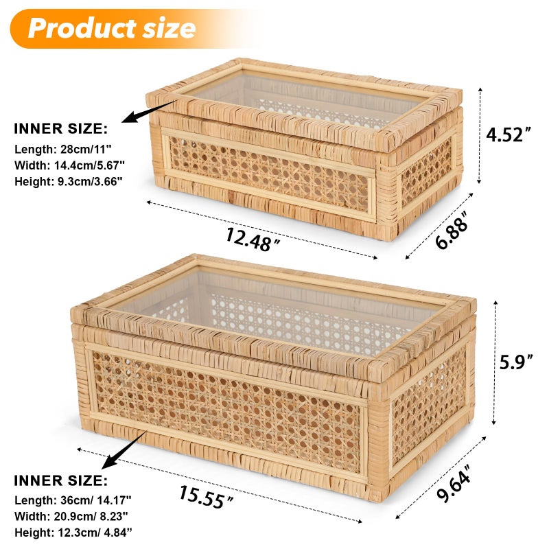 SUJUN Large Handwoven Boho Rattan Display Boxes with Glass Lids - Set of 2 Rectangular Decorative Storage Bins - Natural Woven Cane Home Decor Organizers (15.55" x 9.64" x 5.9" & 12.48" x 6.88" x 4.52") - Image 3