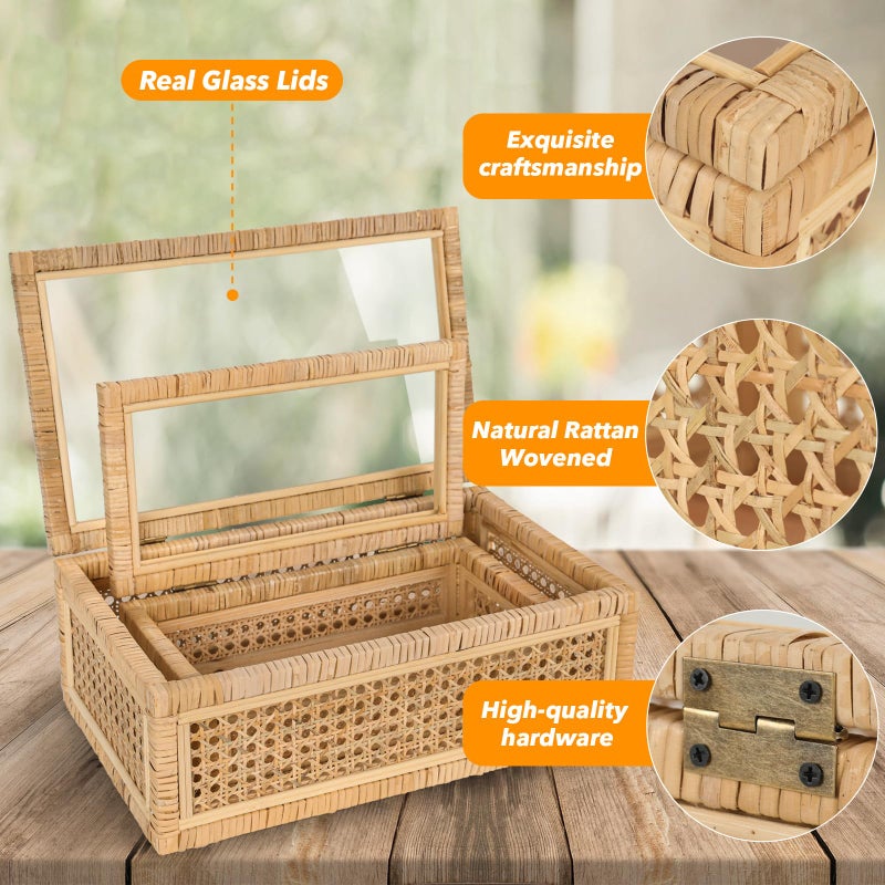SUJUN Large Handwoven Boho Rattan Display Boxes with Glass Lids - Set of 2 Rectangular Decorative Storage Bins - Natural Woven Cane Home Decor Organizers (15.55" x 9.64" x 5.9" & 12.48" x 6.88" x 4.52") - Image 4