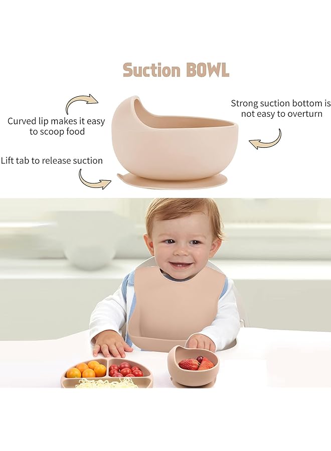 LINJIE Baby Feeding Set Baby Weaning Set Baby Tableware Set Suction Bowl Divided Plate Spoon And Fork Adjustable Bib Food Grade Silicone Material - Image 5