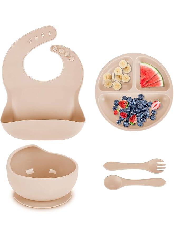 LINJIE Baby Feeding Set Baby Weaning Set Baby Tableware Set Suction Bowl Divided Plate Spoon And Fork Adjustable Bib Food Grade Silicone Material - Image 1