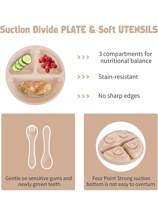 LINJIE Baby Feeding Set Baby Weaning Set Baby Tableware Set Suction Bowl Divided Plate Spoon And Fork Adjustable Bib Food Grade Silicone Material - Image 4