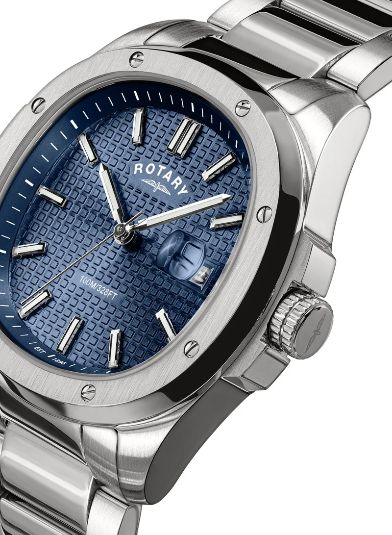 Rotary Men's Apex 100 Analogue Watch, 40 mm, Blue Dial, Stainless Steel Bracelet