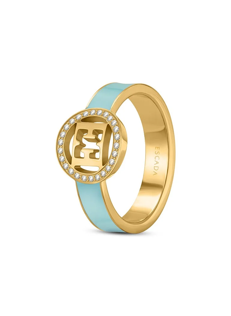 ESCADA Isabella Ion Plated Gold Ring with Cutout Logo and Cool Light Blue Enamel Band