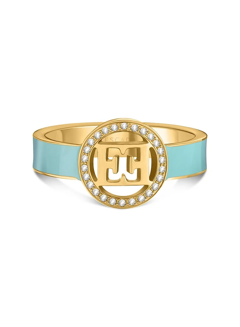 ESCADA Isabella Ion Plated Gold Ring with Cutout Logo and Cool Light Blue Enamel Band