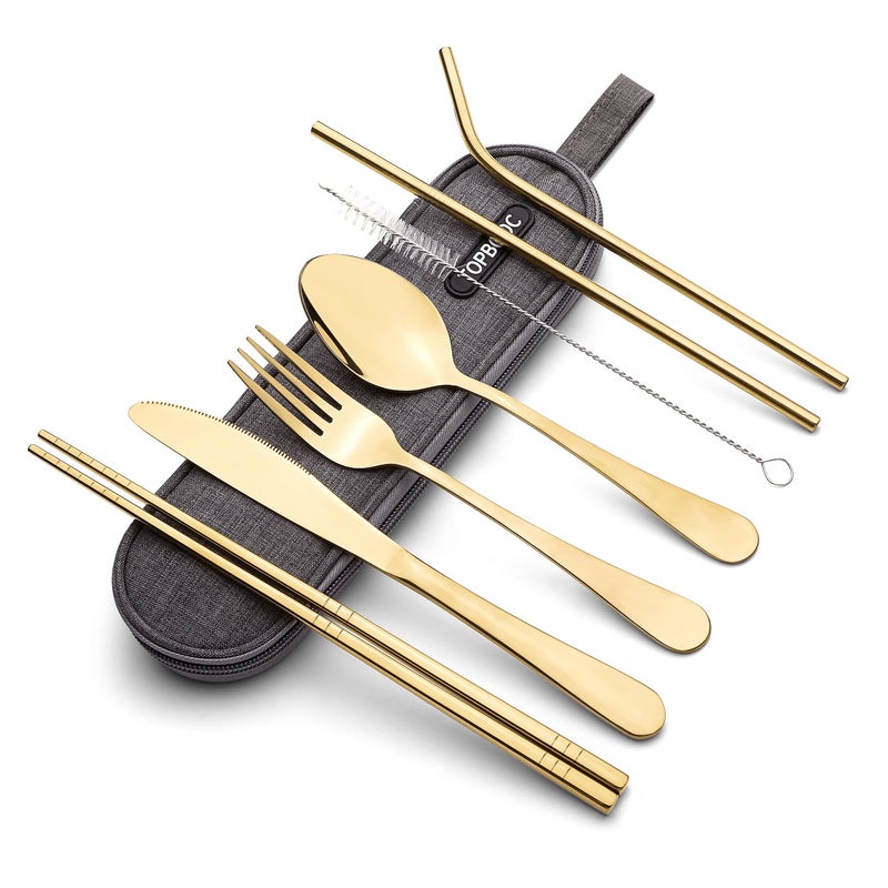 Portable Stainless Steel Flatware Set Travel Camping Cutlery Set Portable Utensil Travel Silverware Dinnerware Set with a Waterproof Case Gold