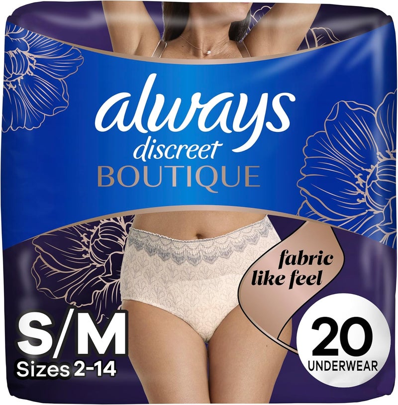 Always Always Discreet Boutique Incontinence and Postpartum Underwear for Women, Maximum Protection, S/M, Rosy, 20 Count (Packaging May Vary) 