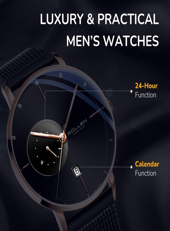 SOLLEN Automatic Watch for Men, Minimalist and Slim Automatic Watches for Men with Stainless Steel Mesh Strap, Luminous and 24 Hours Function - 42mm - Image 4