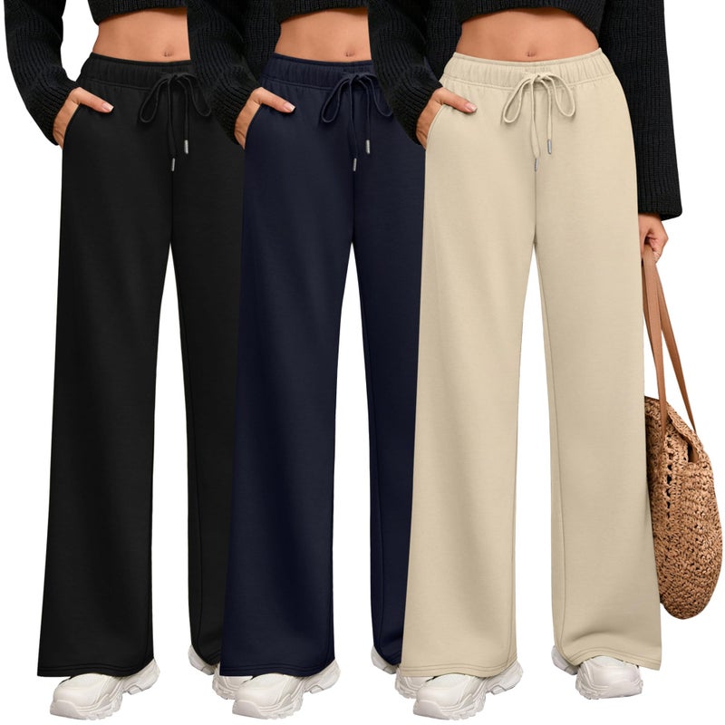 Riyiper 3 Pack Women Wide Leg Sweatpants Drawstring Straight Pants Elastic Waist Joggers Open Bottom Sweatpants with Pockets(Apricot, Navy Blue, Black,M) - Image 1