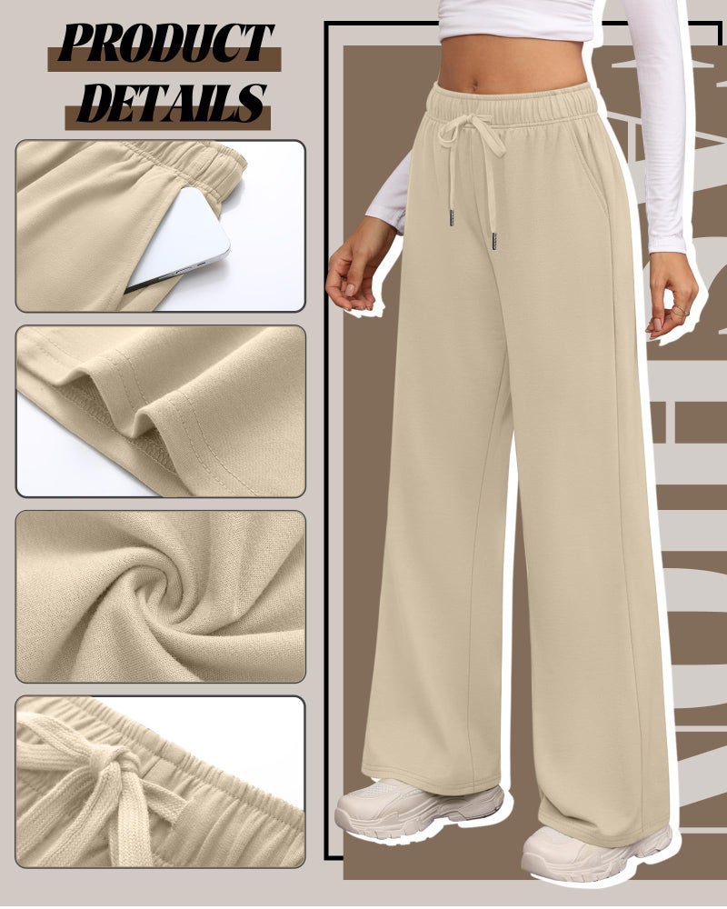 Riyiper 3 Pack Women Wide Leg Sweatpants Drawstring Straight Pants Elastic Waist Joggers Open Bottom Sweatpants with Pockets(Apricot, Navy Blue, Black,M) - Image 3