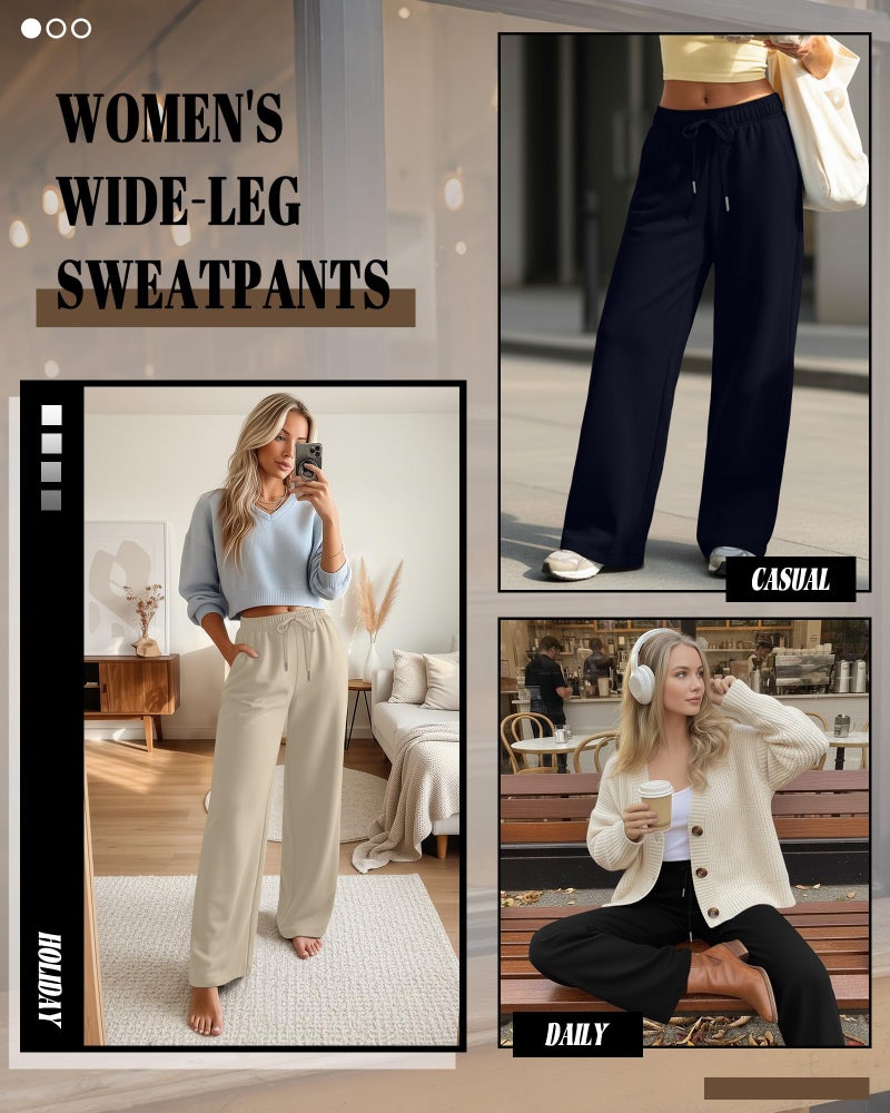 Riyiper 3 Pack Women Wide Leg Sweatpants Drawstring Straight Pants Elastic Waist Joggers Open Bottom Sweatpants with Pockets(Apricot, Navy Blue, Black,M) - Image 2