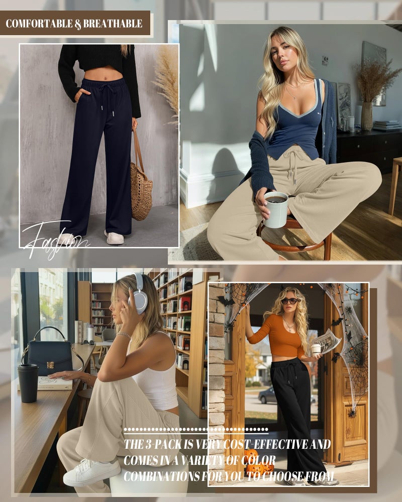 Riyiper 3 Pack Women Wide Leg Sweatpants Drawstring Straight Pants Elastic Waist Joggers Open Bottom Sweatpants with Pockets(Apricot, Navy Blue, Black,M) - Image 5