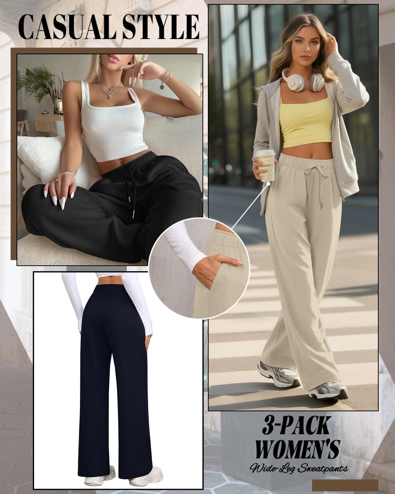 Riyiper 3 Pack Women Wide Leg Sweatpants Drawstring Straight Pants Elastic Waist Joggers Open Bottom Sweatpants with Pockets(Apricot, Navy Blue, Black,M) - Image 4