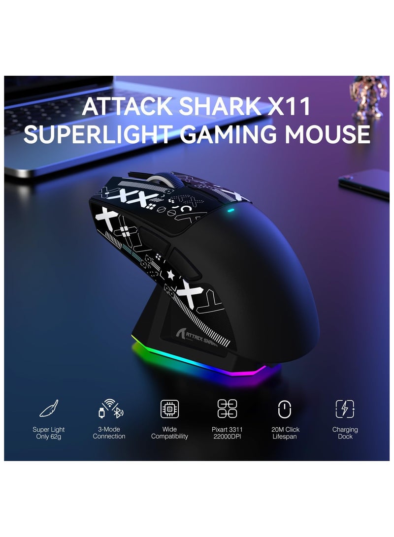 ATTACK SHARK X11 Lightweight Wireless Gaming Mouse with RGB Charging Dock,Tri-Mode-2.4G/USB-C Wired/BT,22K DPI,PAW3311 Optical Sensor,HUYU Switch, 5 programmable Buttons for PC/Mac(Black&Sticker) - Image 2