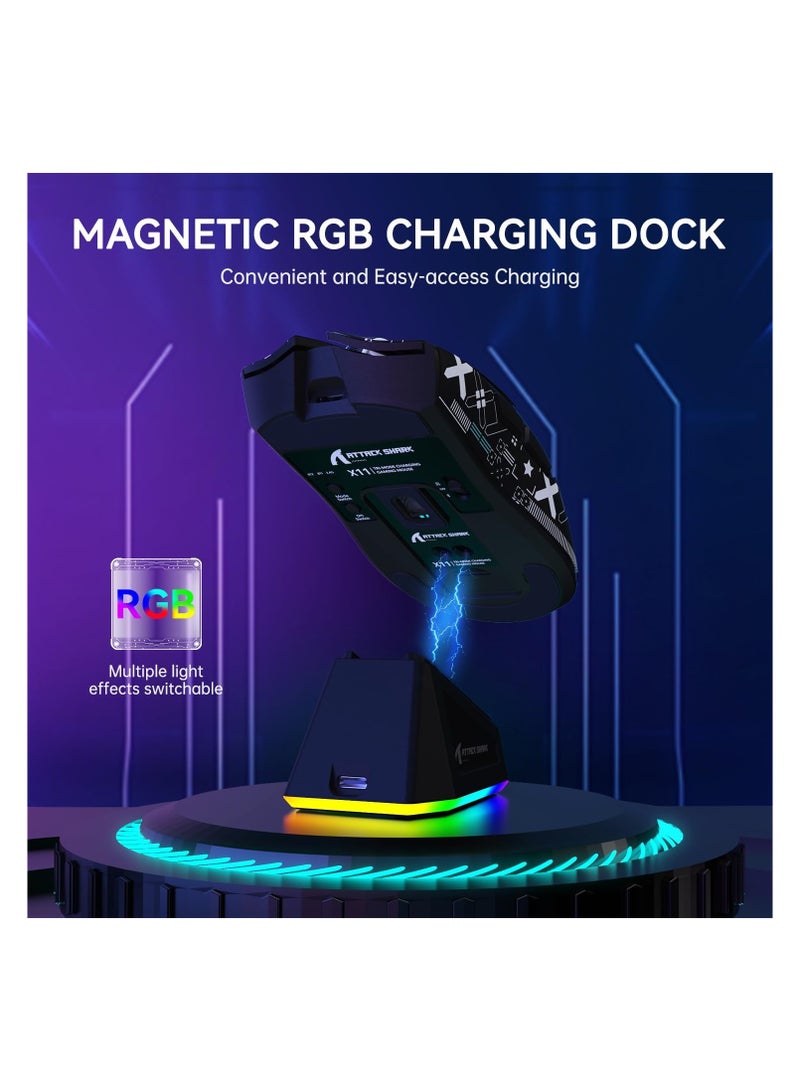 ATTACK SHARK X11 Lightweight Wireless Gaming Mouse with RGB Charging Dock,Tri-Mode-2.4G/USB-C Wired/BT,22K DPI,PAW3311 Optical Sensor,HUYU Switch, 5 programmable Buttons for PC/Mac(Black&Sticker) - Image 4