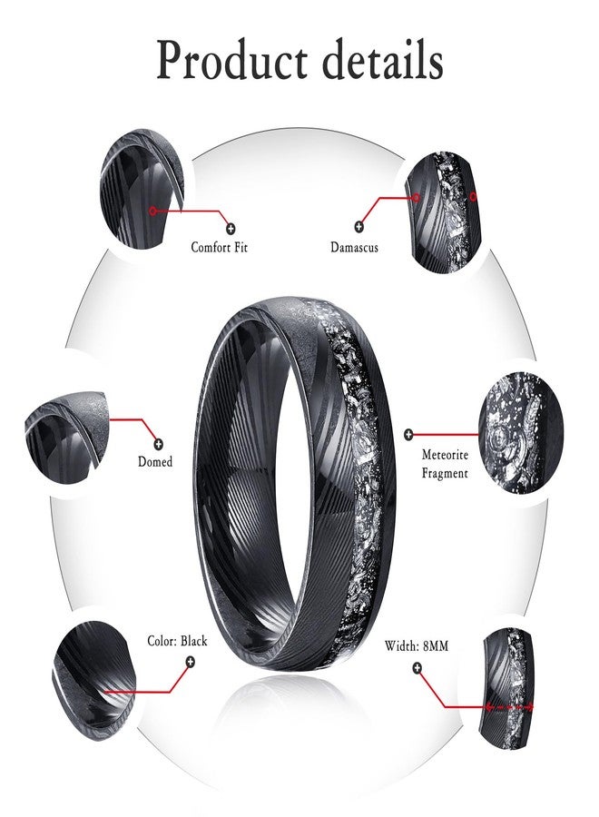 NUNCAD 8mm Black Damascus Ring Men 8mm Meteorite Inlay Engagement Wedding Band Domed Comfort Fit Size 7 - Image 2