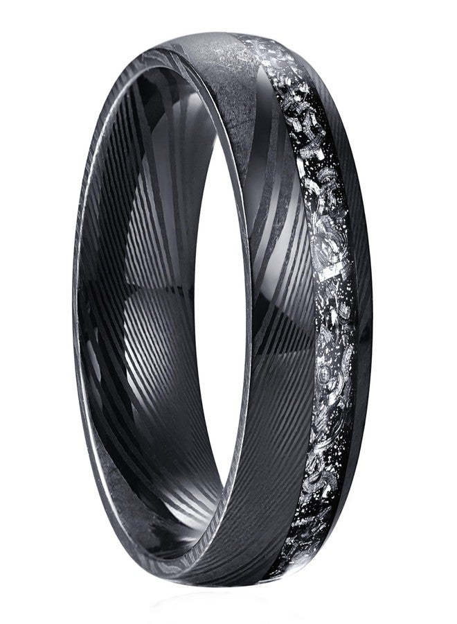 NUNCAD 8mm Black Damascus Ring Men 8mm Meteorite Inlay Engagement Wedding Band Domed Comfort Fit Size 7 - Image 1
