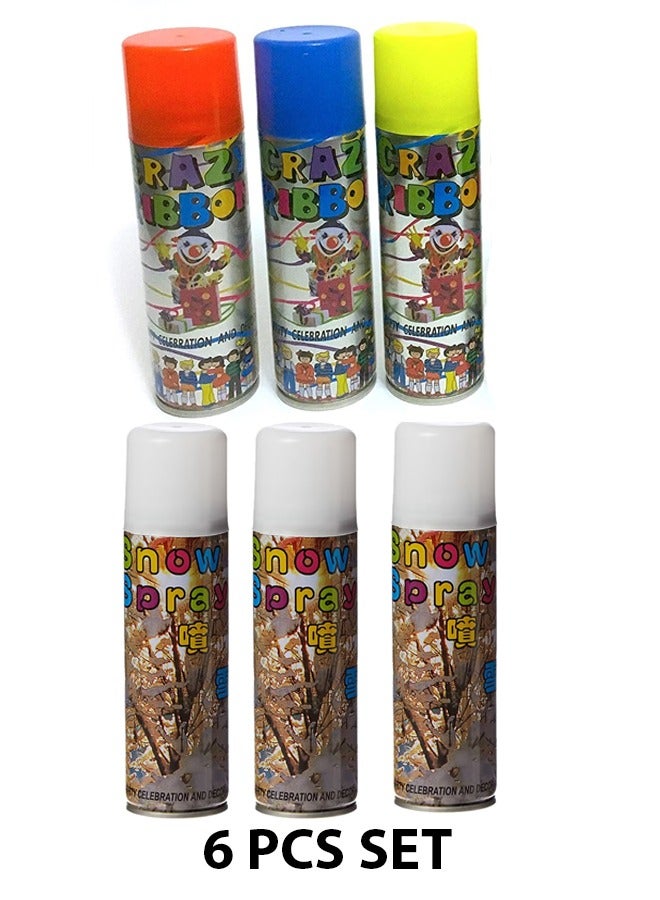 Party Spray Colored String Crazy Ribbon Spray and White Snow Spay Pack of 6pcs for Party Celebrations and Decorations - Image 1