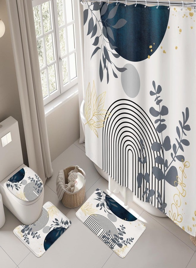 Riyidecor Mid Century Boho 4Pcs Shower Curtain Set with Toilet Lid Cover and Non-Slip Rugs,Modern Minimalist Navy Blue Bathroom Decor Set，Abstract Contour and Bath Mat with 12 Hooks - Image 3