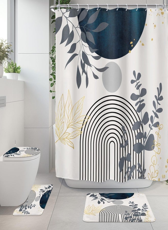 Riyidecor Mid Century Boho 4Pcs Shower Curtain Set with Toilet Lid Cover and Non-Slip Rugs,Modern Minimalist Navy Blue Bathroom Decor Set，Abstract Contour and Bath Mat with 12 Hooks - Image 1