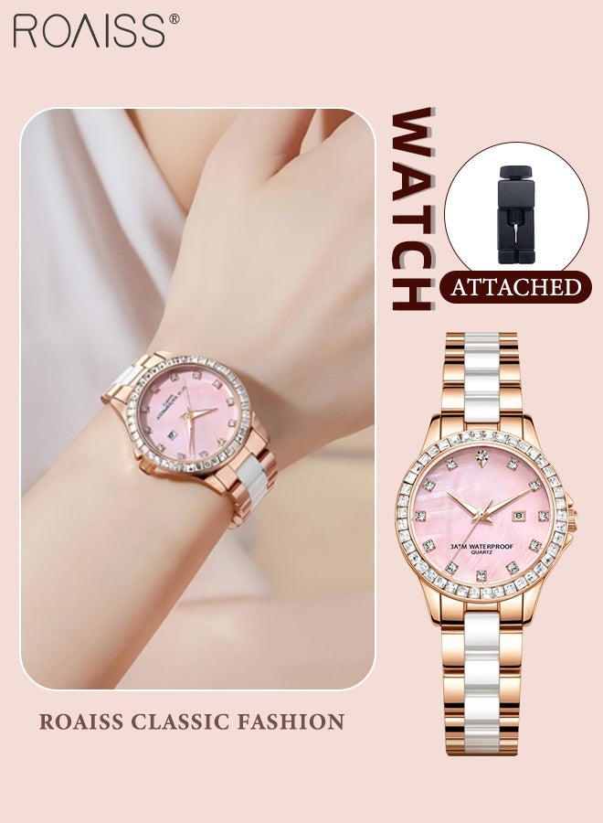 رويس ساعة كوارتز فاخرة للنساء، شاشة عرض تناظرية، قرص دائري مع عرض التقويم، ساعة أنيقة ورائعة مقاومة للماء ومضيئة مع زينة من أحجار الراين، كهدية للسيدات - Image 1