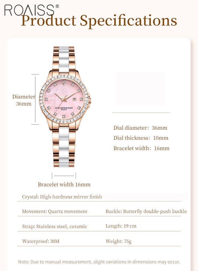 رويس ساعة كوارتز فاخرة للنساء، شاشة عرض تناظرية، قرص دائري مع عرض التقويم، ساعة أنيقة ورائعة مقاومة للماء ومضيئة مع زينة من أحجار الراين، كهدية للسيدات - Image 4
