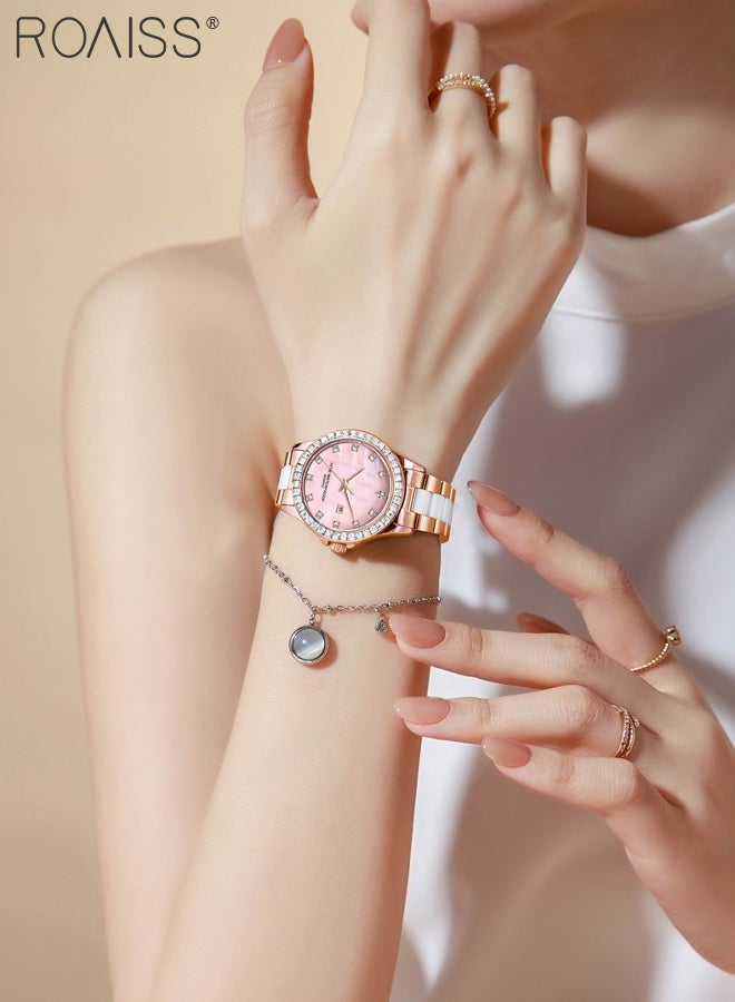 رويس ساعة كوارتز فاخرة للنساء، شاشة عرض تناظرية، قرص دائري مع عرض التقويم، ساعة أنيقة ورائعة مقاومة للماء ومضيئة مع زينة من أحجار الراين، كهدية للسيدات - Image 3