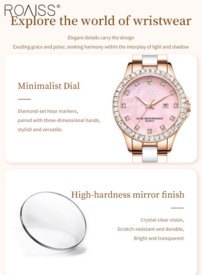 رويس ساعة كوارتز فاخرة للنساء، شاشة عرض تناظرية، قرص دائري مع عرض التقويم، ساعة أنيقة ورائعة مقاومة للماء ومضيئة مع زينة من أحجار الراين، كهدية للسيدات - Image 5