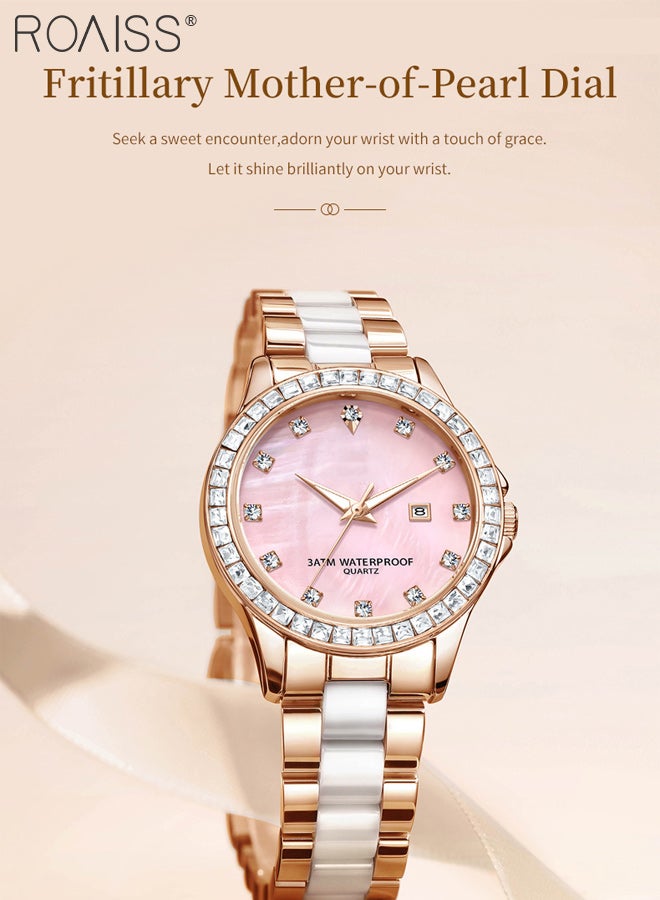 رويس ساعة كوارتز فاخرة للنساء، شاشة عرض تناظرية، قرص دائري مع عرض التقويم، ساعة أنيقة ورائعة مقاومة للماء ومضيئة مع زينة من أحجار الراين، كهدية للسيدات - Image 2