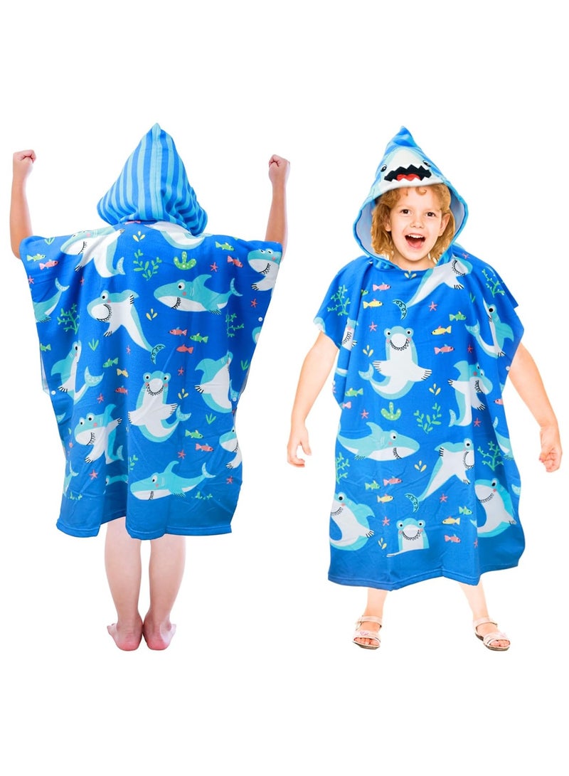 KASTWAVE Kids Hooded Poncho Towels, Poncho Towel Short Sleeve, Beach Poncho, Swimming Pool Bath Wrap, Quick Dry Absorbent Beach Childrens Travel Wrap, Soft Microfiber Bath Towel, Shark  - Image 1