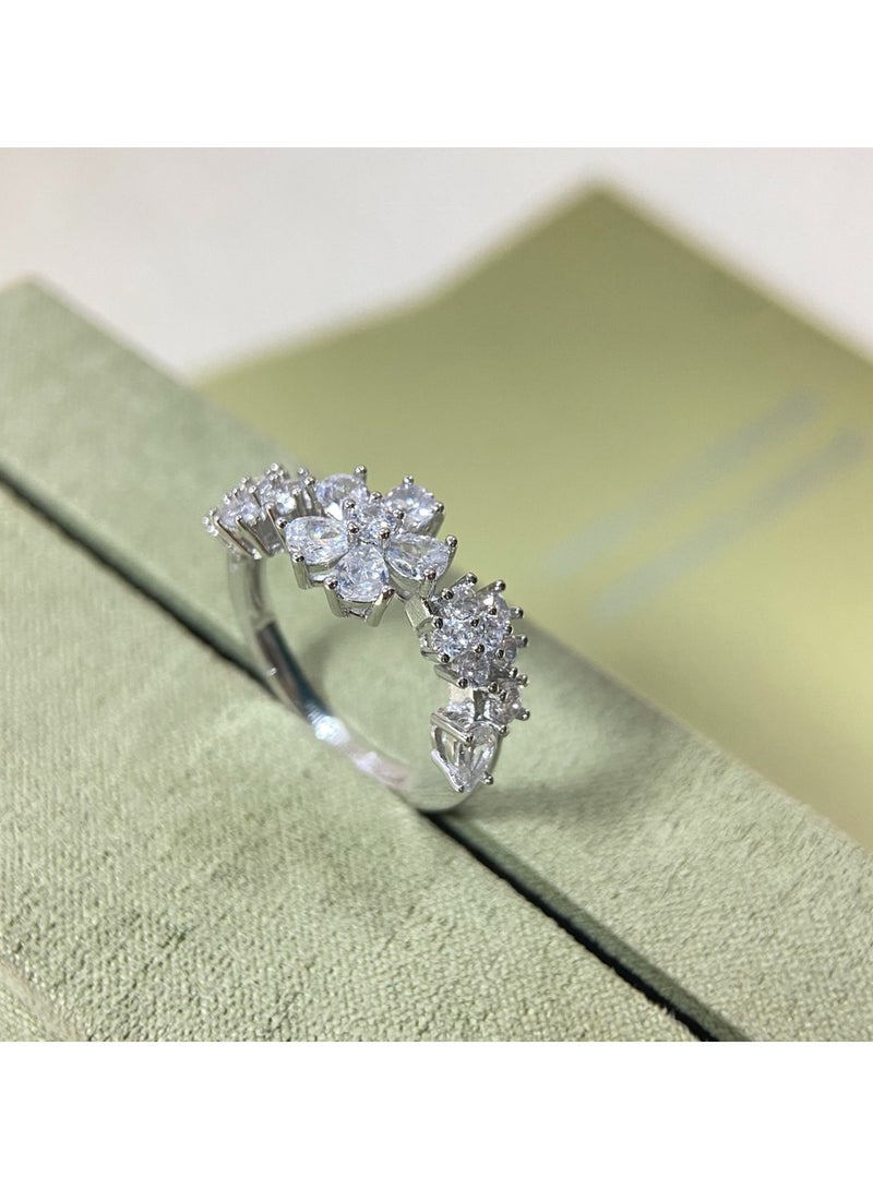 Silver - Toned Floral - Shaped Zircon RingSize7