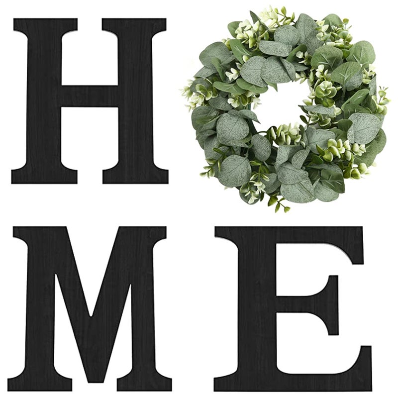 Pinkpum Wood Home Sign with Artificial Eucalyptus Wreath for O, Hanging Farmhouse Wall House Decor Wood Letters for Wall Art Rustic Home Decor, Wall Decor for Living Room Kitchen Entryway (Black) - Image 1