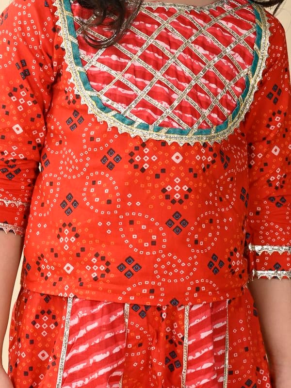 superminis Girls Cotton Sliver Yoke 3/4 Sleeves Ethnic Printed Choli With Kali Style Lehenga Set (6-12 Months, Red) | Finish Type: Readymade - Image 5