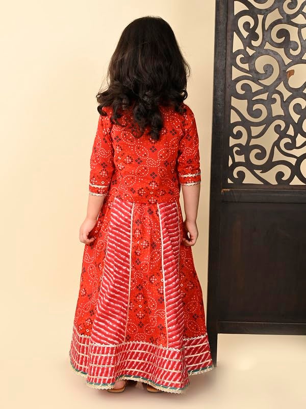 superminis Girls Cotton Sliver Yoke 3/4 Sleeves Ethnic Printed Choli With Kali Style Lehenga Set (6-12 Months, Red) | Finish Type: Readymade - Image 2