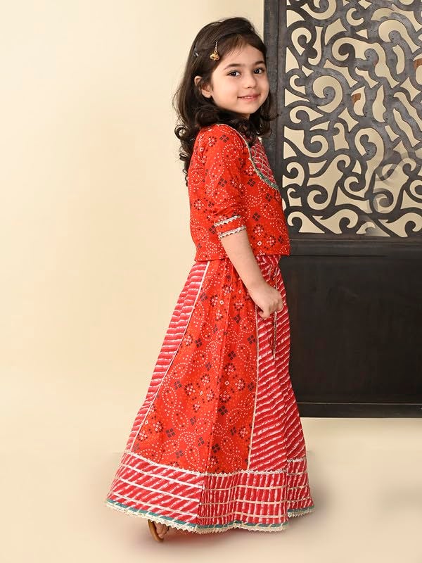superminis Girls Cotton Sliver Yoke 3/4 Sleeves Ethnic Printed Choli With Kali Style Lehenga Set (6-12 Months, Red) | Finish Type: Readymade - Image 4