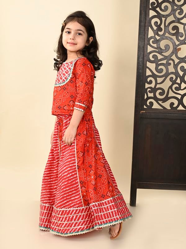 superminis Girls Cotton Sliver Yoke 3/4 Sleeves Ethnic Printed Choli With Kali Style Lehenga Set (6-12 Months, Red) | Finish Type: Readymade - Image 3